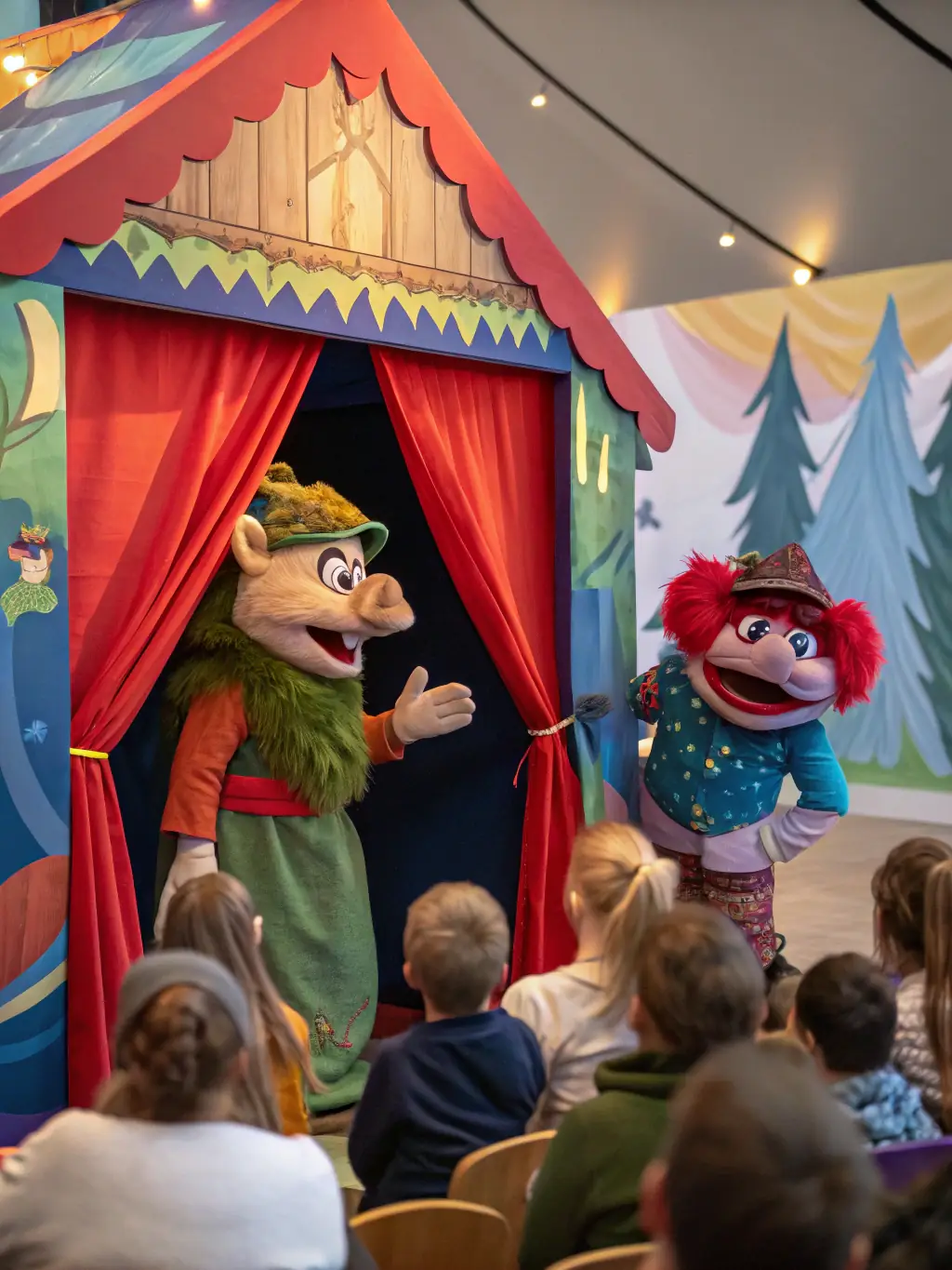 A whimsical image of a puppetry show with colorful puppets and a delighted audience, highlighting L'EFFILEUSE DE MOTS's puppetry program.