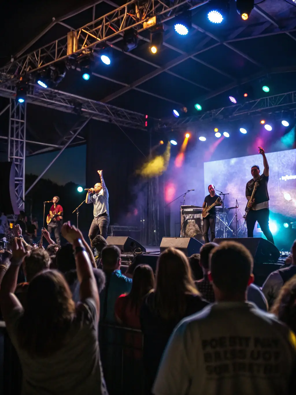 A vibrant image of a live music performance featuring a band on stage with colorful lighting and an enthusiastic audience, showcasing L'EFFILEUSE DE MOTS's commitment to music.