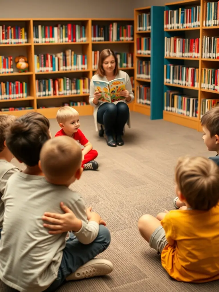 A photograph capturing a storytelling session in a library, featuring a storyteller captivating children with expressive gestures and animated voice, highlighting L'EFFILEUSE DE MOTS' dedication to educational mediation through storytelling.