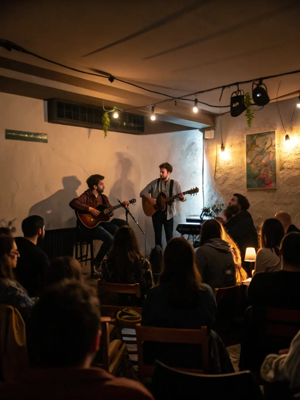 A vibrant image depicting a live music performance at a local community center, showcasing musicians playing various instruments and an engaged audience enjoying the show, reflecting L'EFFILEUSE DE MOTS' commitment to promoting musical arts.