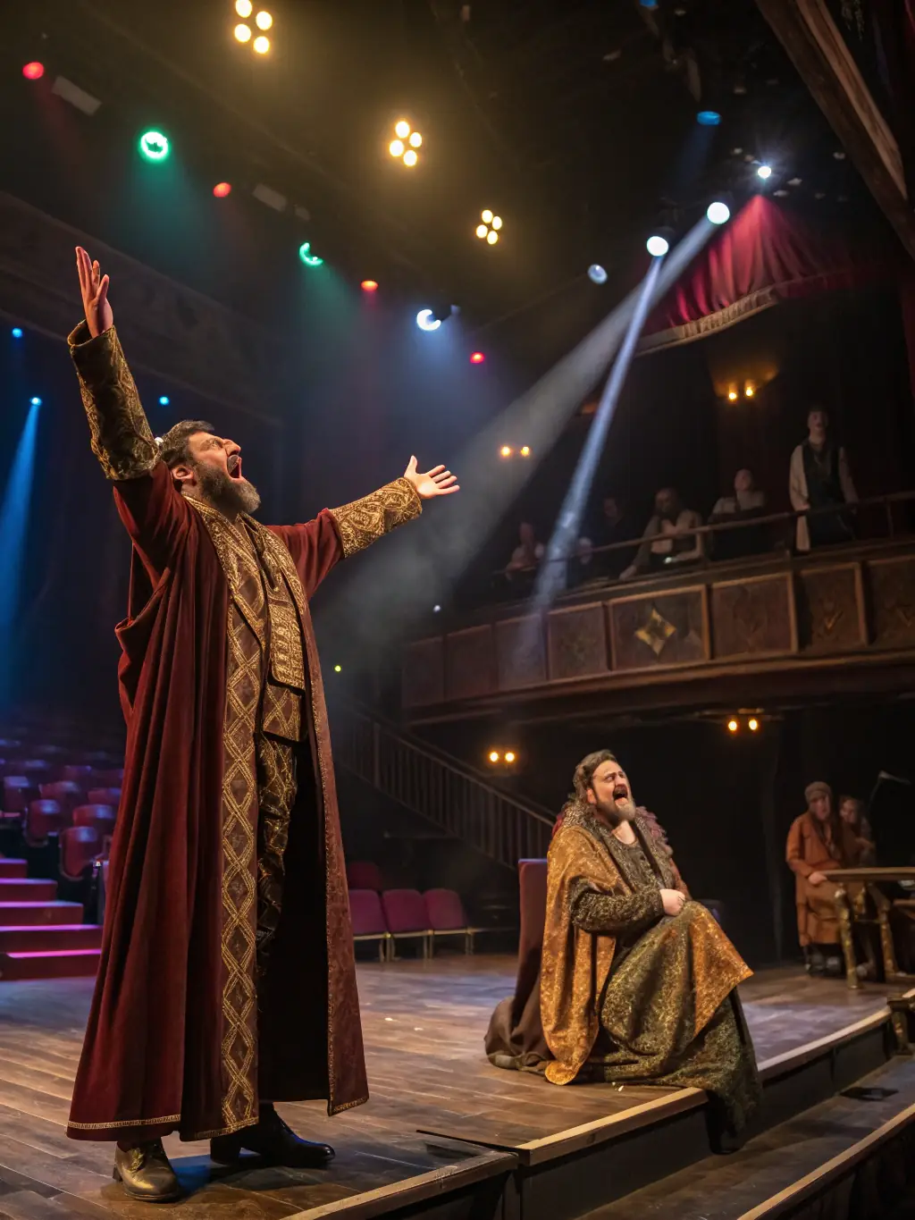 A dynamic image of a theatrical performance with actors in costume on stage, conveying the drama and artistry of L'EFFILEUSE DE MOTS's theater program.